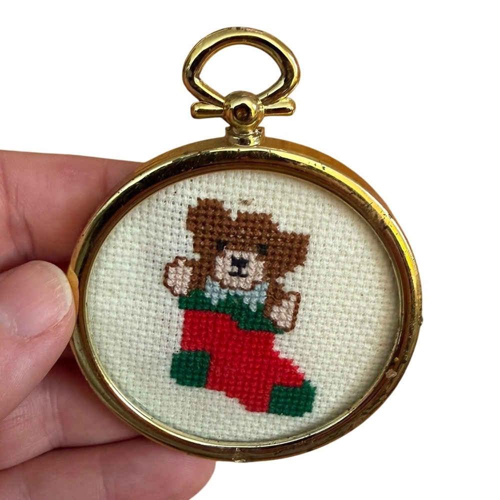 Vintage Cross Stitch Teddy Bear Stocking Christmas Ornament Gold Tone Frame